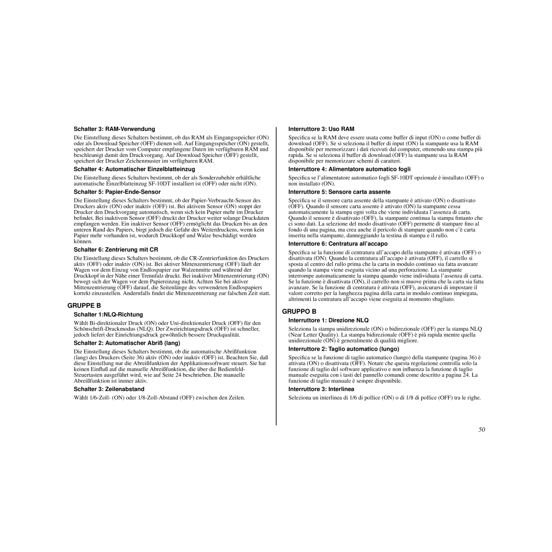 Star Micronics HL 80825321 Schalter 3 RAM-Verwendung, Schalter 4 Automatischer Einzelblatteinzug, Schalter 1NLQ-Richtung 