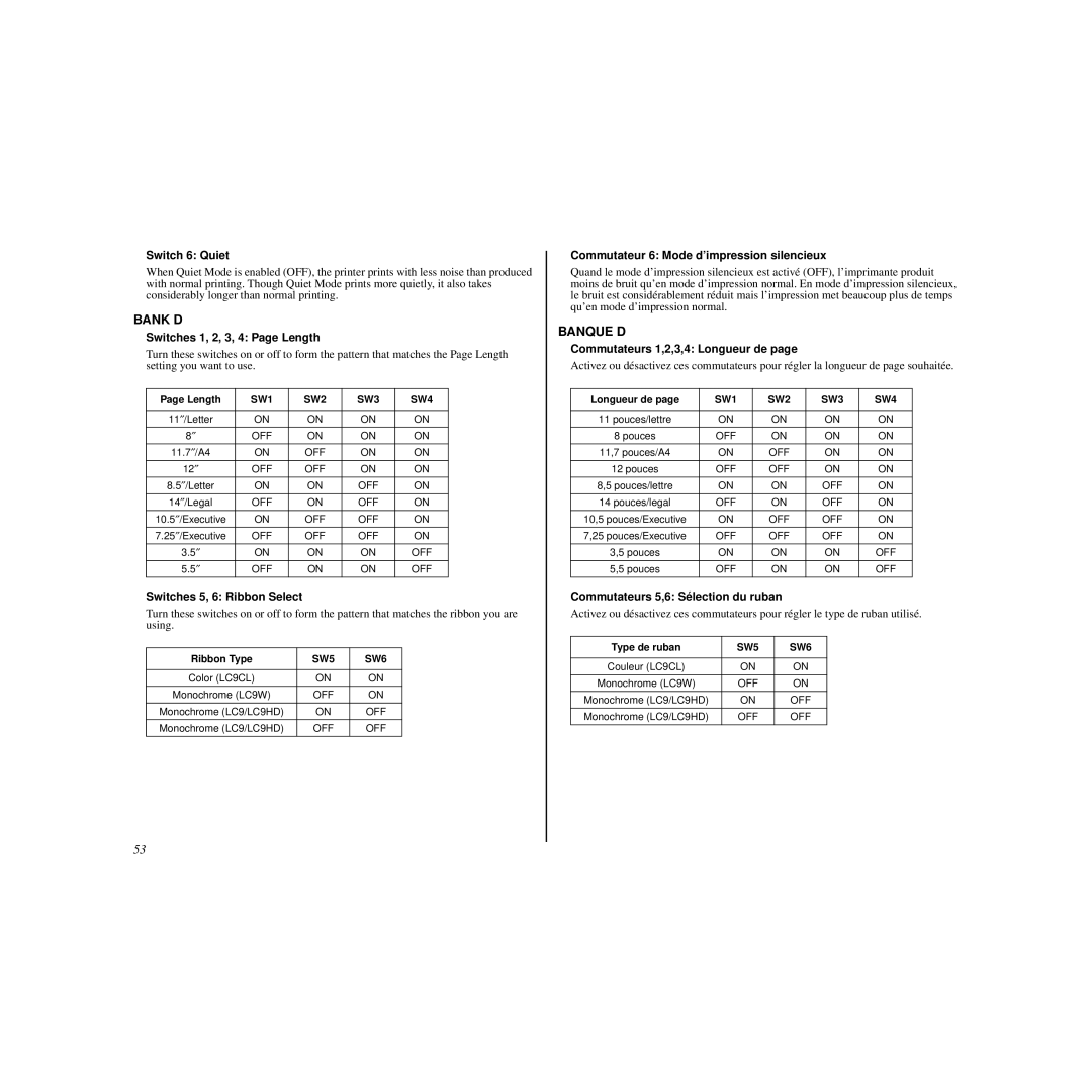 Star Micronics HL 80825321 user manual Switch 6 Quiet, Switches 1, 2, 3, 4 Page Length, Switches 5, 6 Ribbon Select 