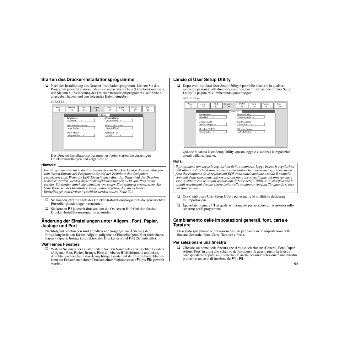 Star Micronics HL 80825321 Starten des Drucker-Installationsprogramms, Lancio di User Setup Utility, Wahl eines Fensters 