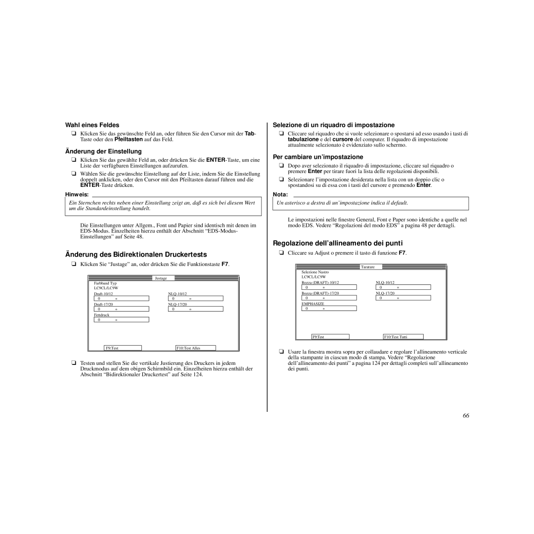 Star Micronics HL 80825321 user manual Änderung des Bidirektionalen Druckertests, Regolazione dell’allineamento dei punti 