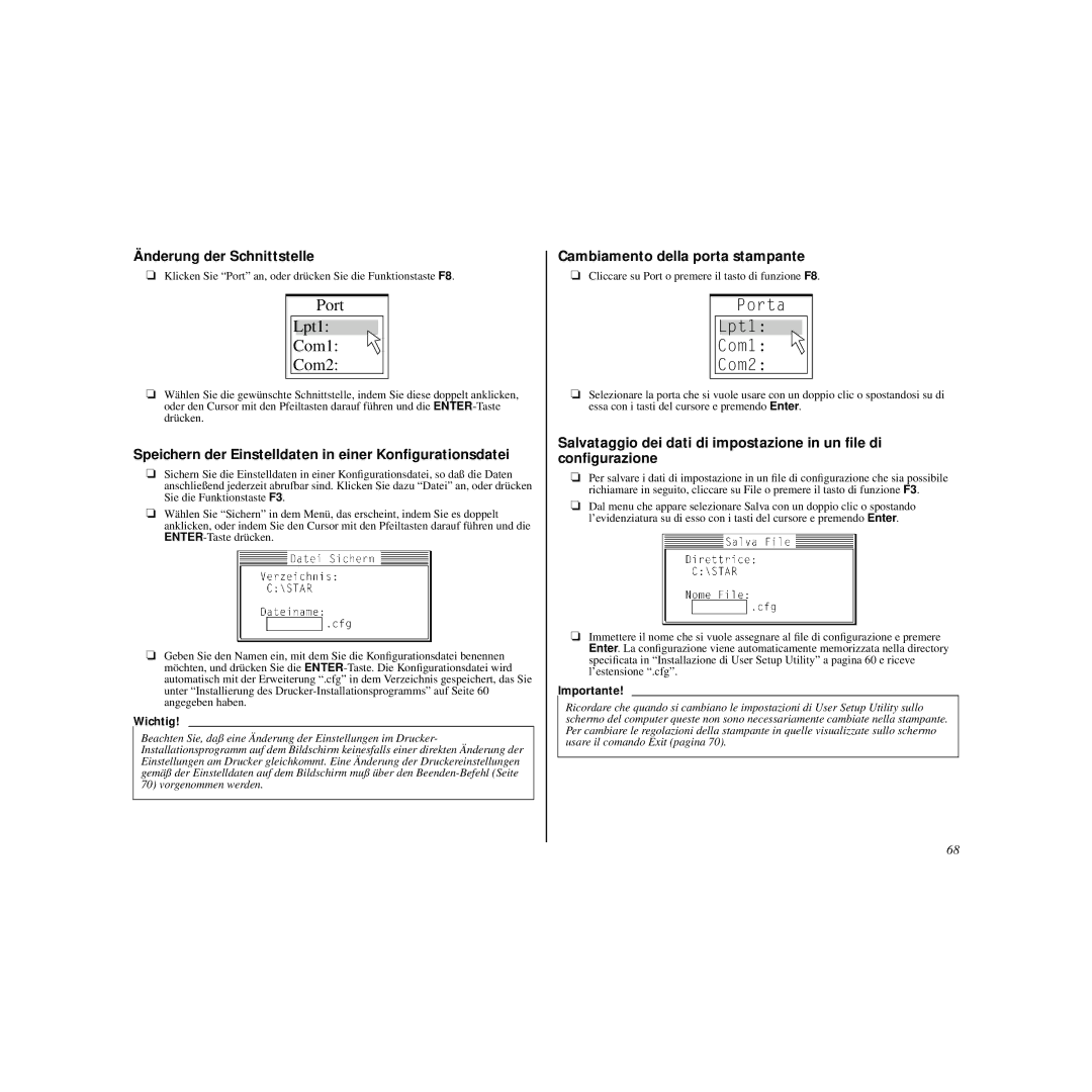 Star Micronics HL 80825321 user manual Änderung der Schnittstelle, Speichern der Einstelldaten in einer Konﬁgurationsdatei 