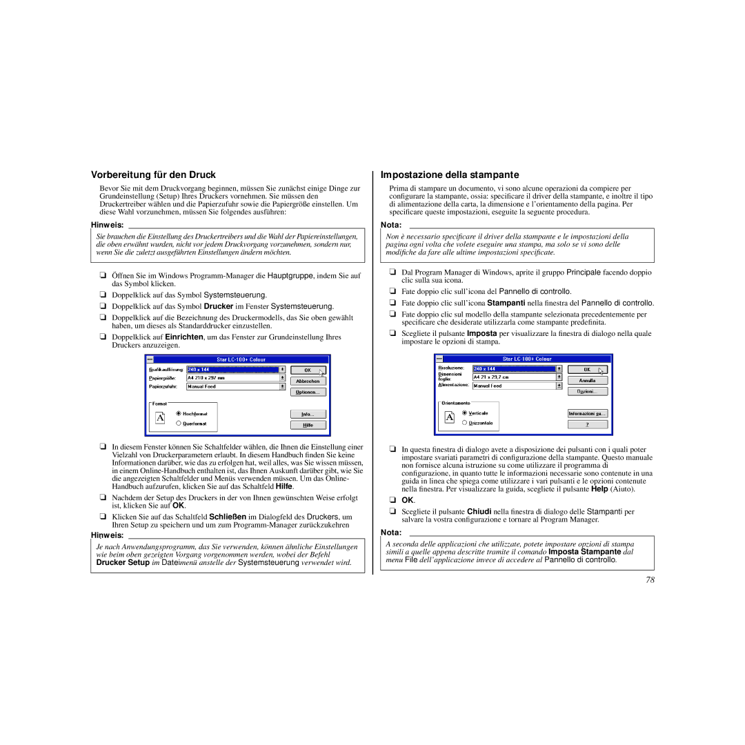 Star Micronics HL 80825321 user manual Vorbereitung für den Druck, Impostazione della stampante 