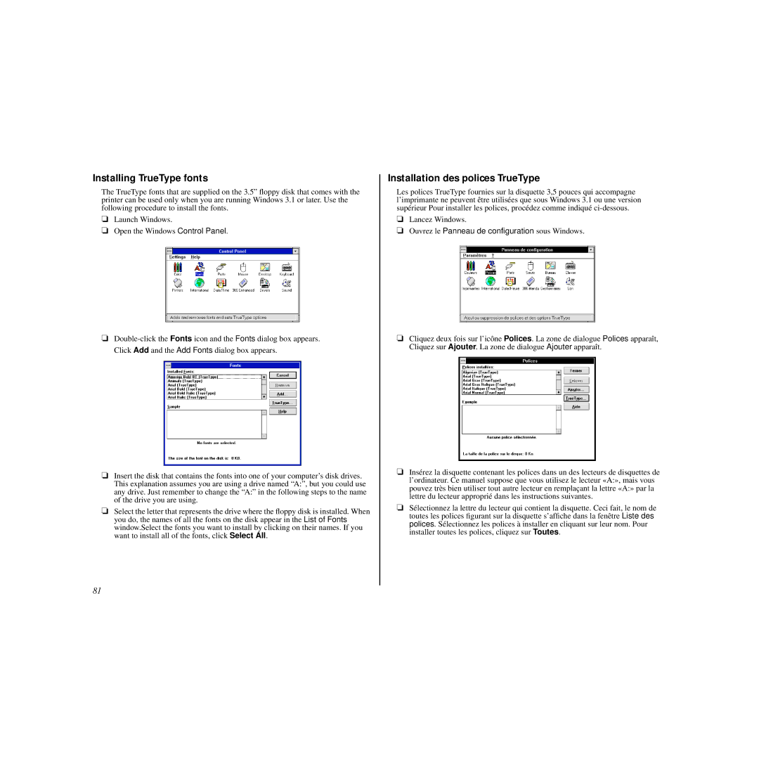 Star Micronics HL 80825321 user manual Installing TrueType fonts, Installation des polices TrueType 