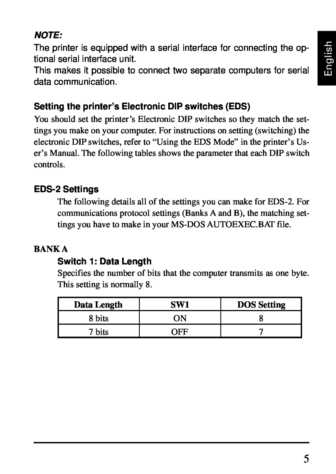 Star Micronics IS-NP192 Setting the printer’s Electronic DIP switches EDS, EDS-2 Settings, Bank A, Switch 1 Data Length 