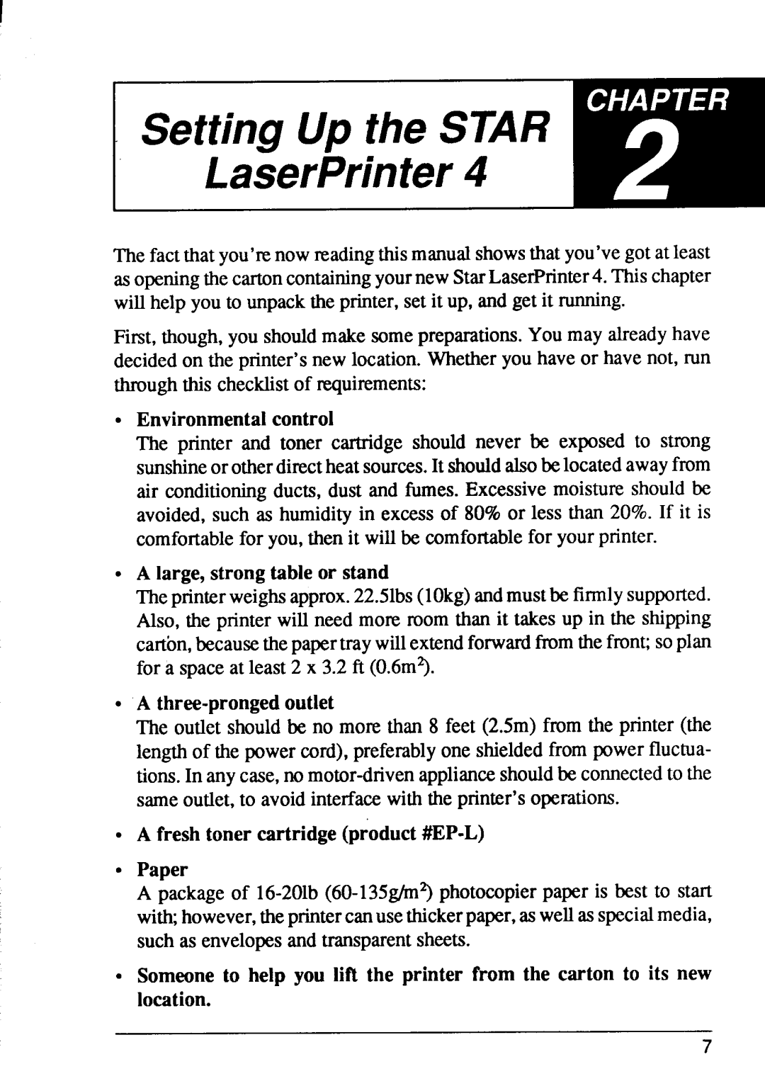 Star Micronics manual Setting Up the Star ‘ LaserPrinter4 