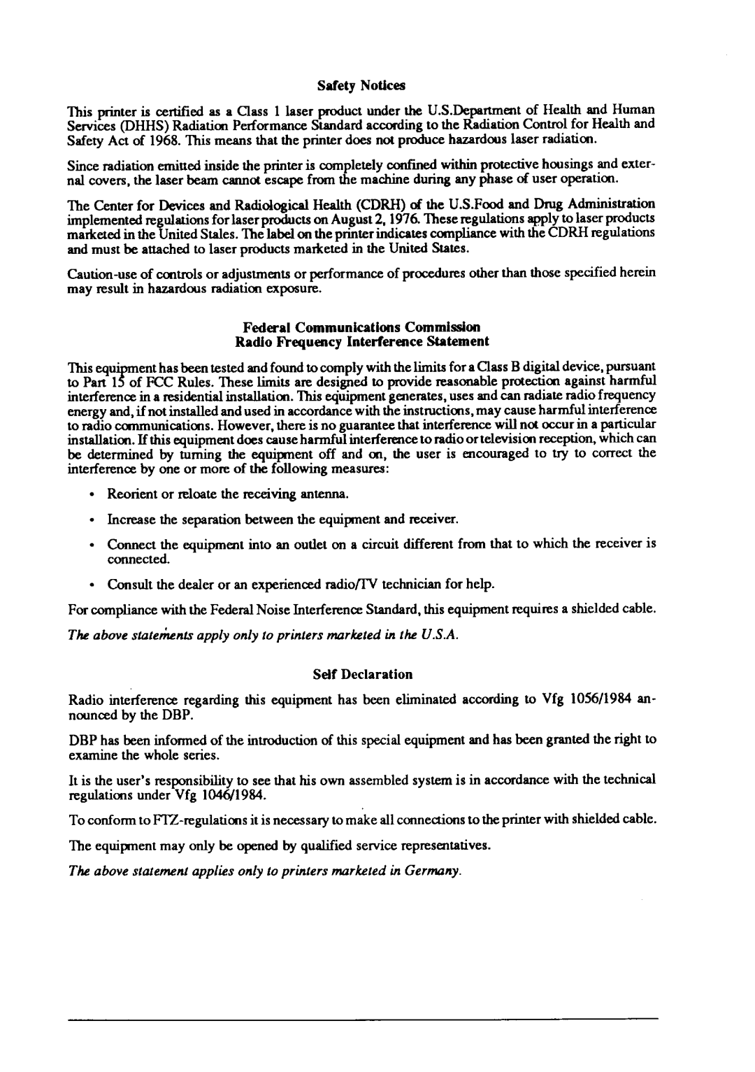 Star Micronics LaserPrinter4 manual Above statement applies only to printers marketed in Germany 