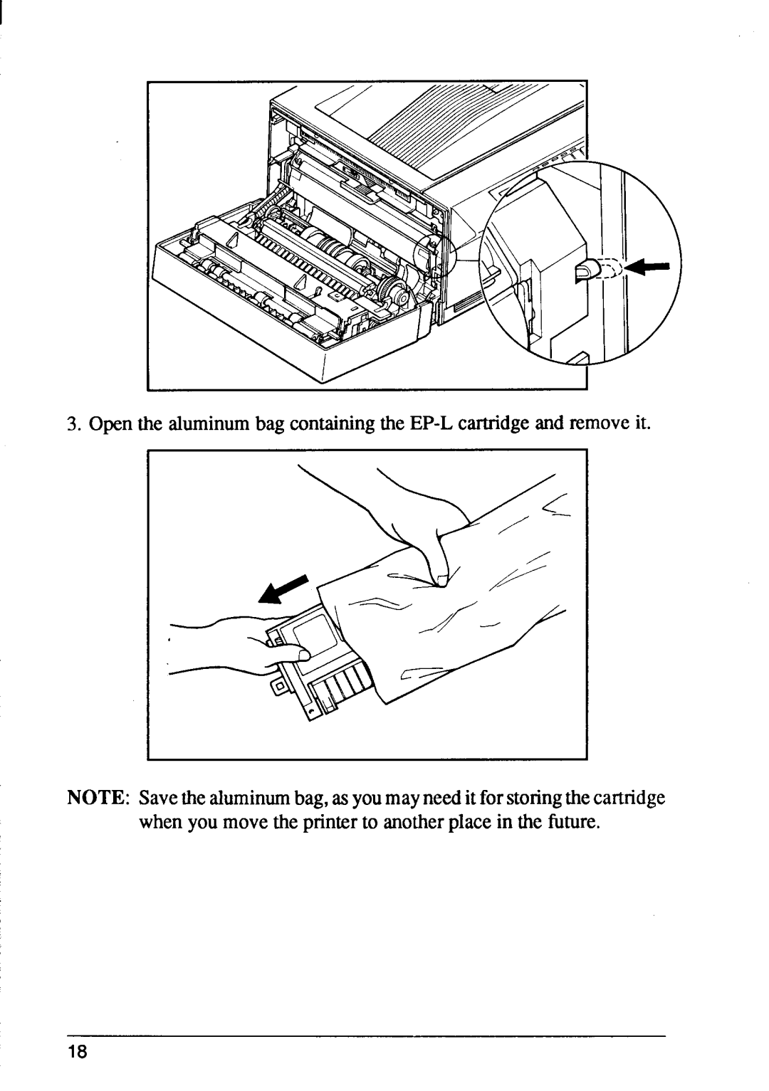 Star Micronics LaserPrinter4 manual Openthe aluminumbag containingthe EP-L cartridgeand removeit 