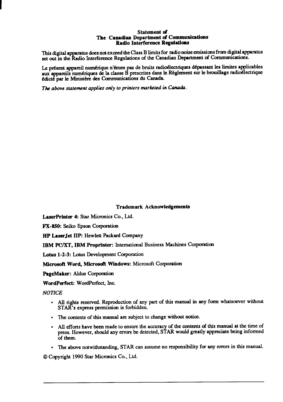 Star Micronics LaserPrinter4 manual Above statemeti applies only to printers marketed in Canada 