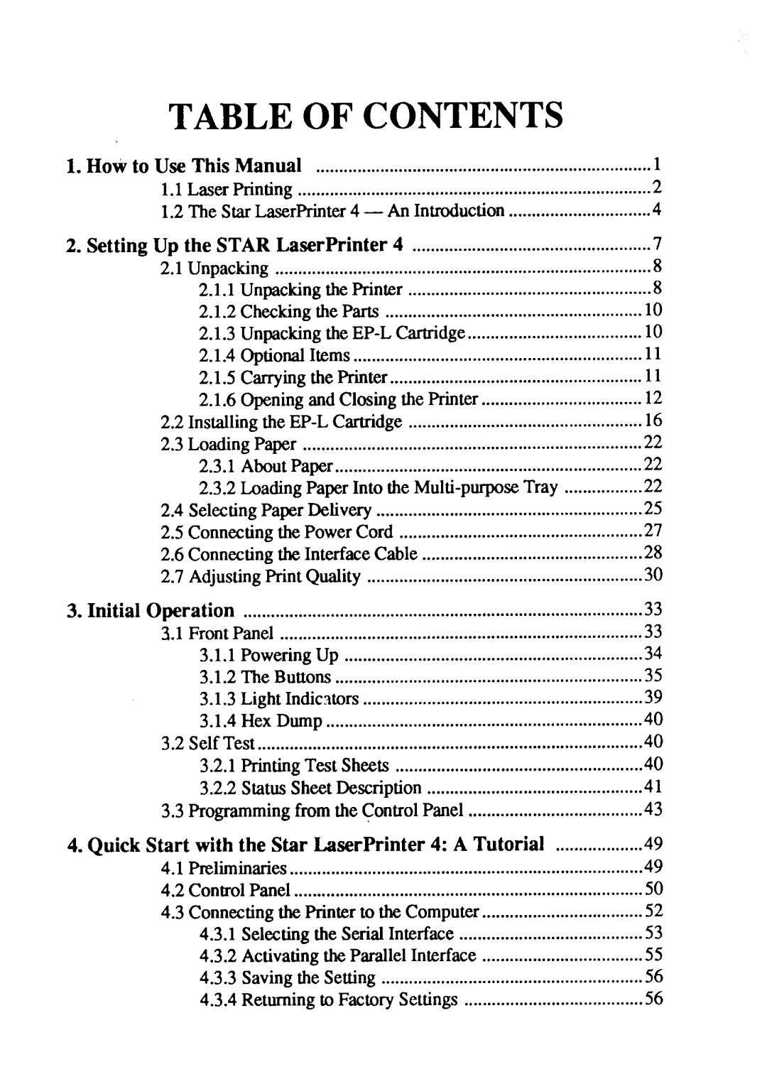 Star Micronics LaserPrinter4 manual Table of Contents 