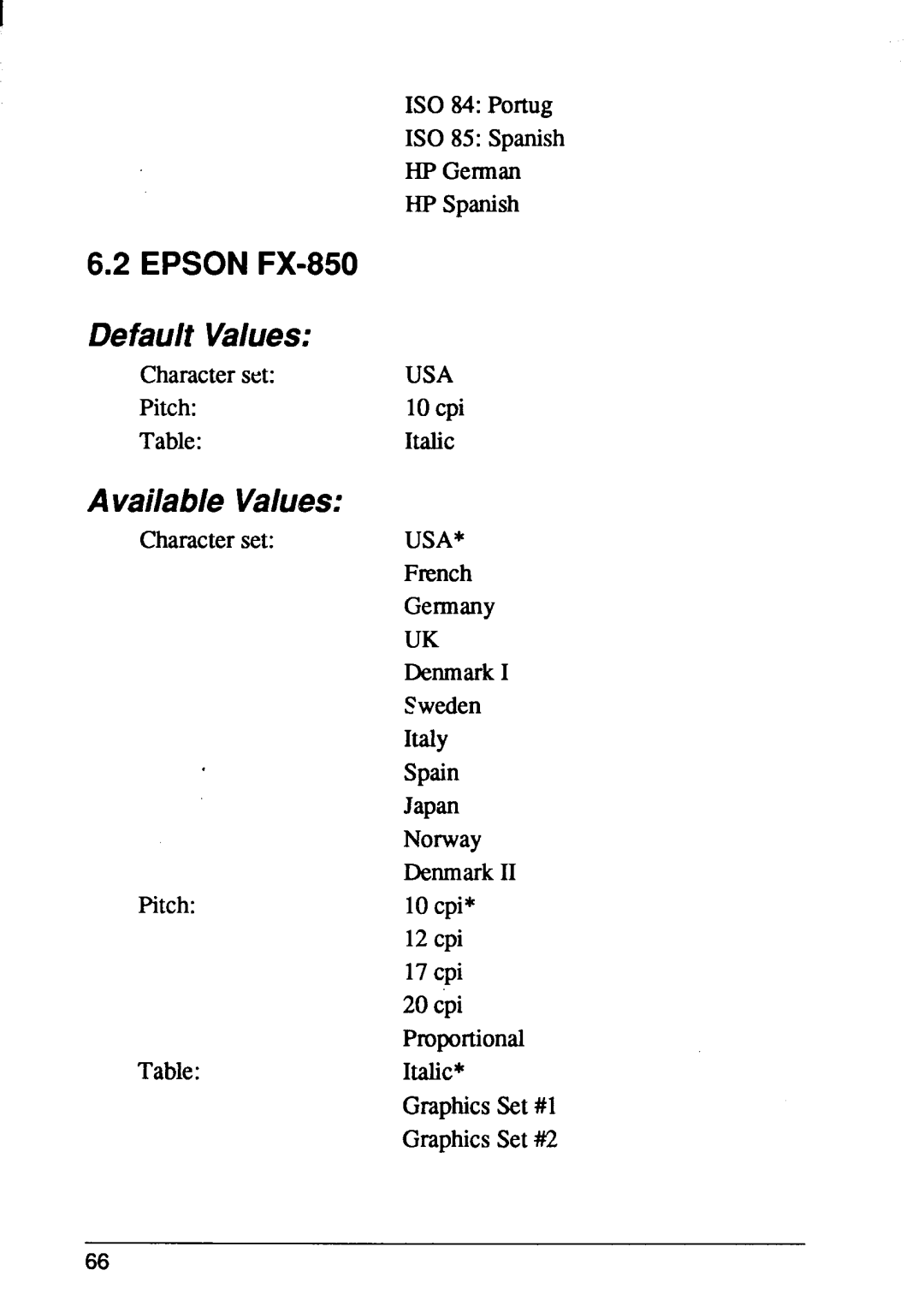 Star Micronics LaserPrinter4 manual Default Values, Available Values 