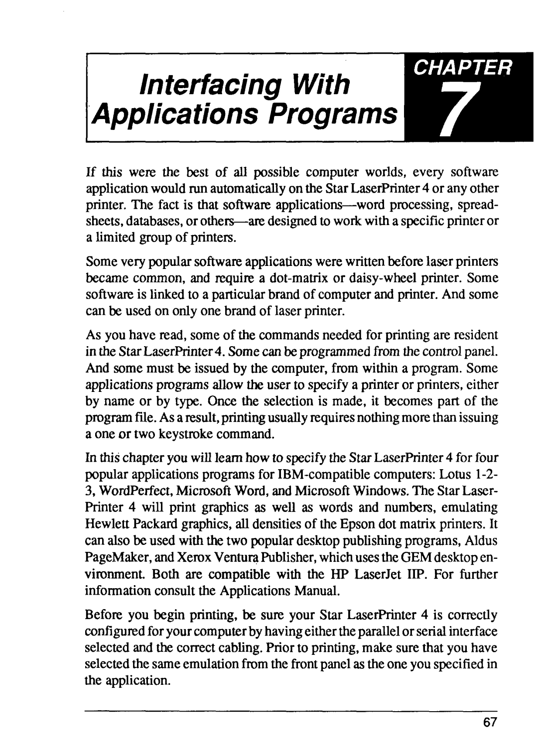 Star Micronics LaserPrinter4 manual Interfacing With Applications Programs 