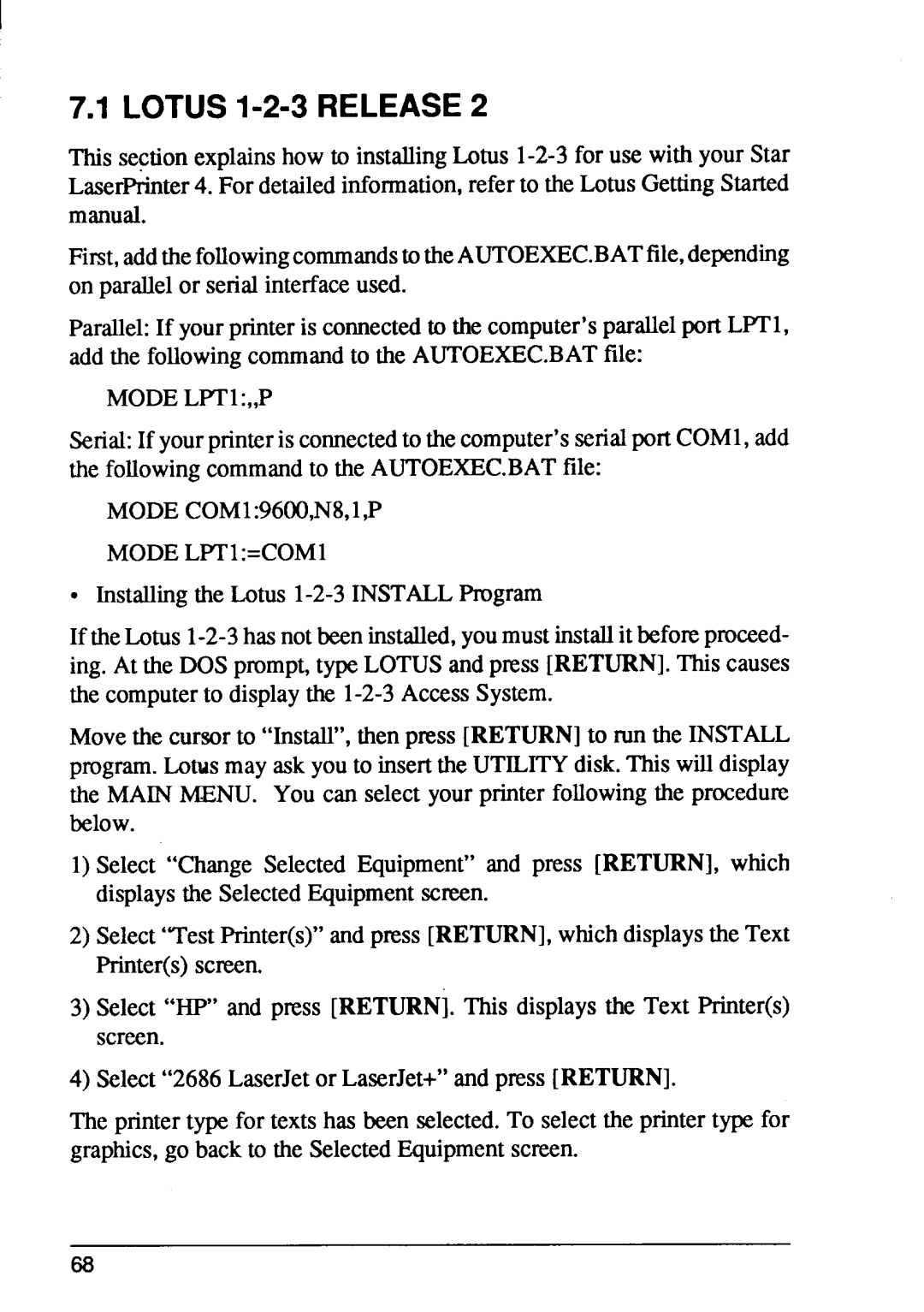 Star Micronics LaserPrinter4 manual LOTUS1-2-3 RELEASE2, MODELPT1,,P 