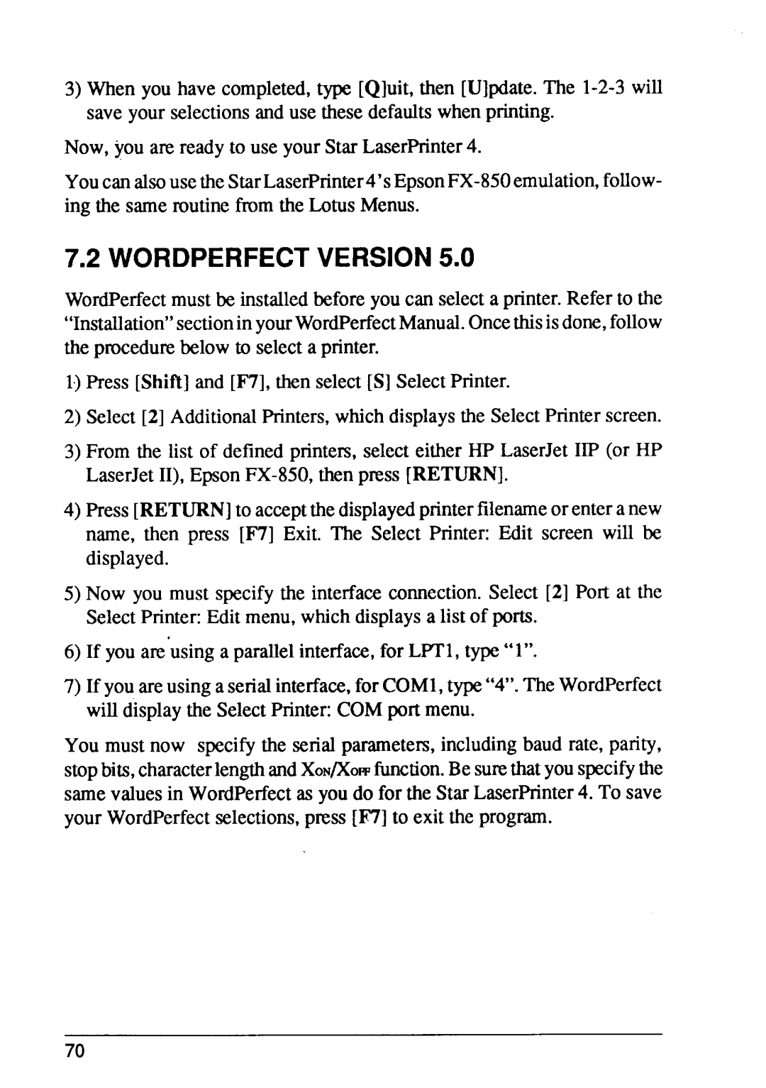 Star Micronics LaserPrinter4 manual WORDPERFECTVERSION5.0 