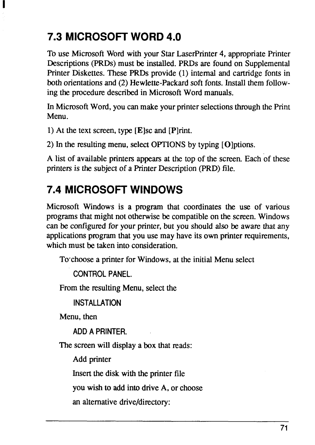 Star Micronics LaserPrinter4 manual MICROSOFTWORD4.0, Microsoftwindows, From the resultingMenu,selectthe, Menu,then 