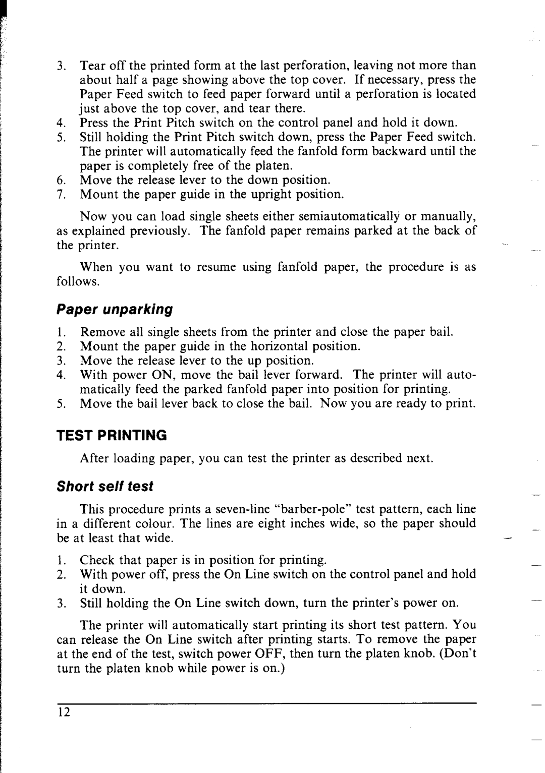 Star Micronics lC-10 user manual Paper unparking, Short self Test 