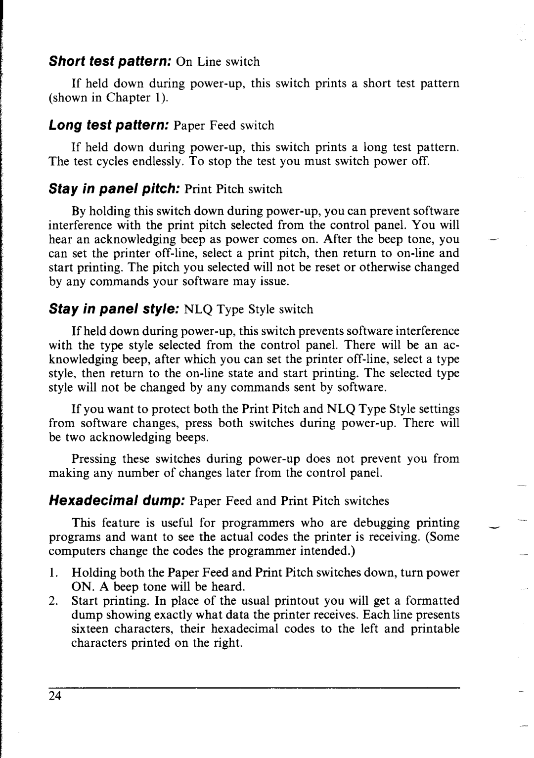 Star Micronics lC-10 user manual Short test pattern On Line switch, Long test pattern Paper Feed switch 