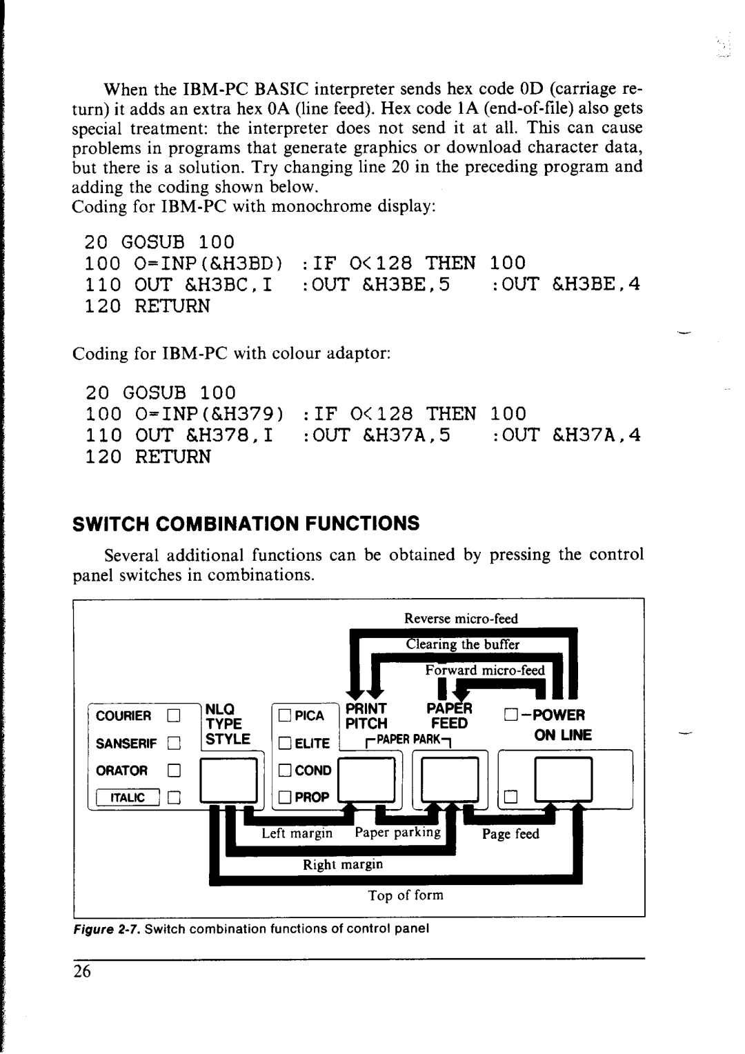 Star Micronics lC-10 user manual Switch Combination Functions, Switch combination functions of control panel 