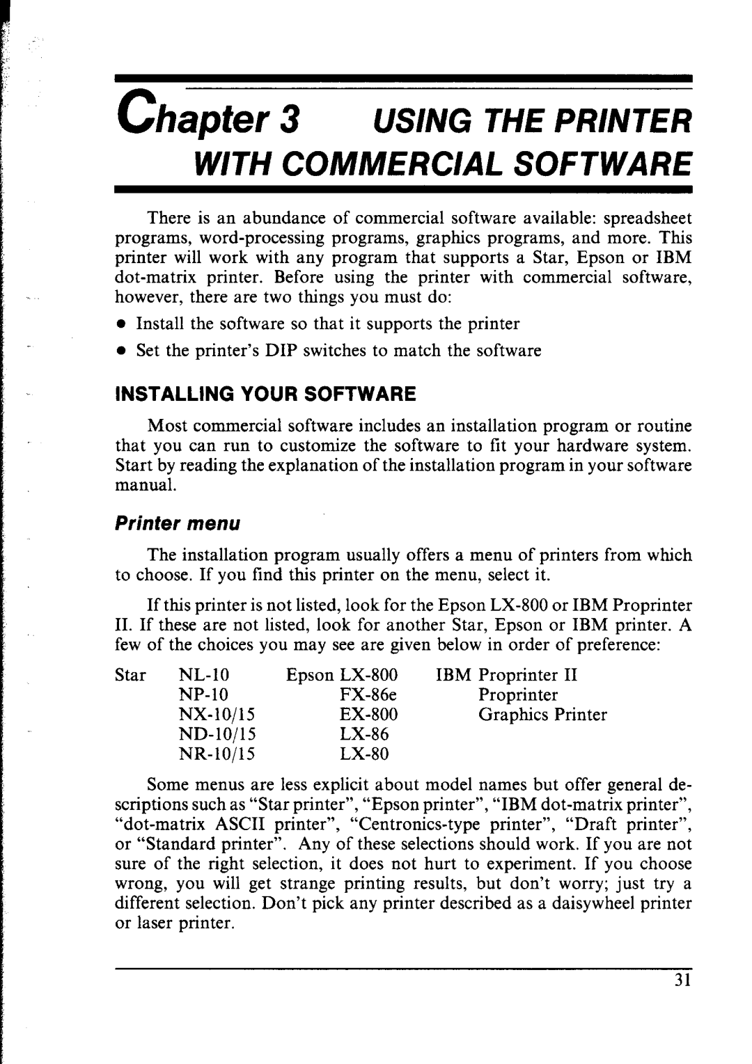 Star Micronics lC-10 user manual Using the Printer with Commercial Software, Installing Your Software 