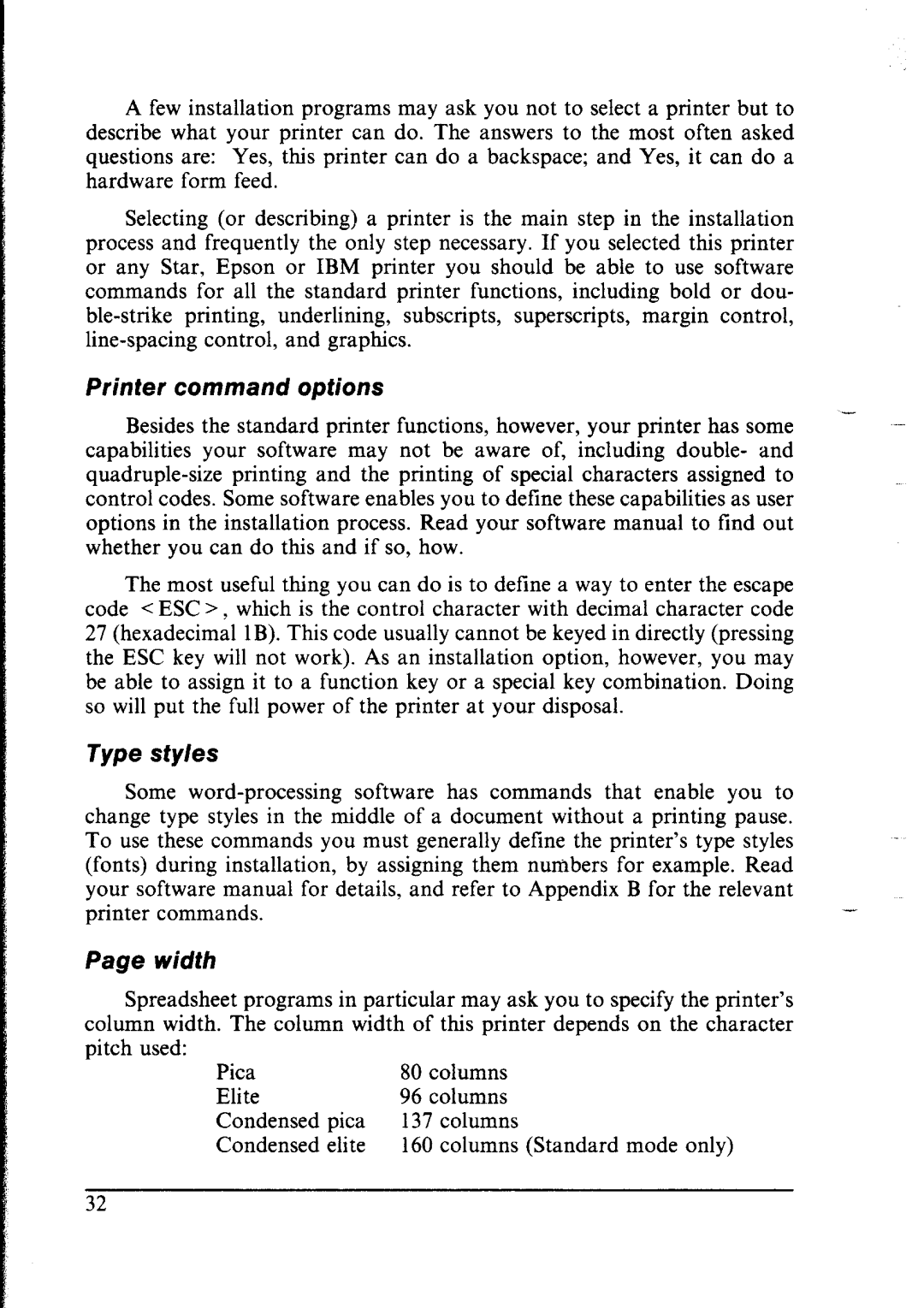 Star Micronics lC-10 user manual Printer command options 