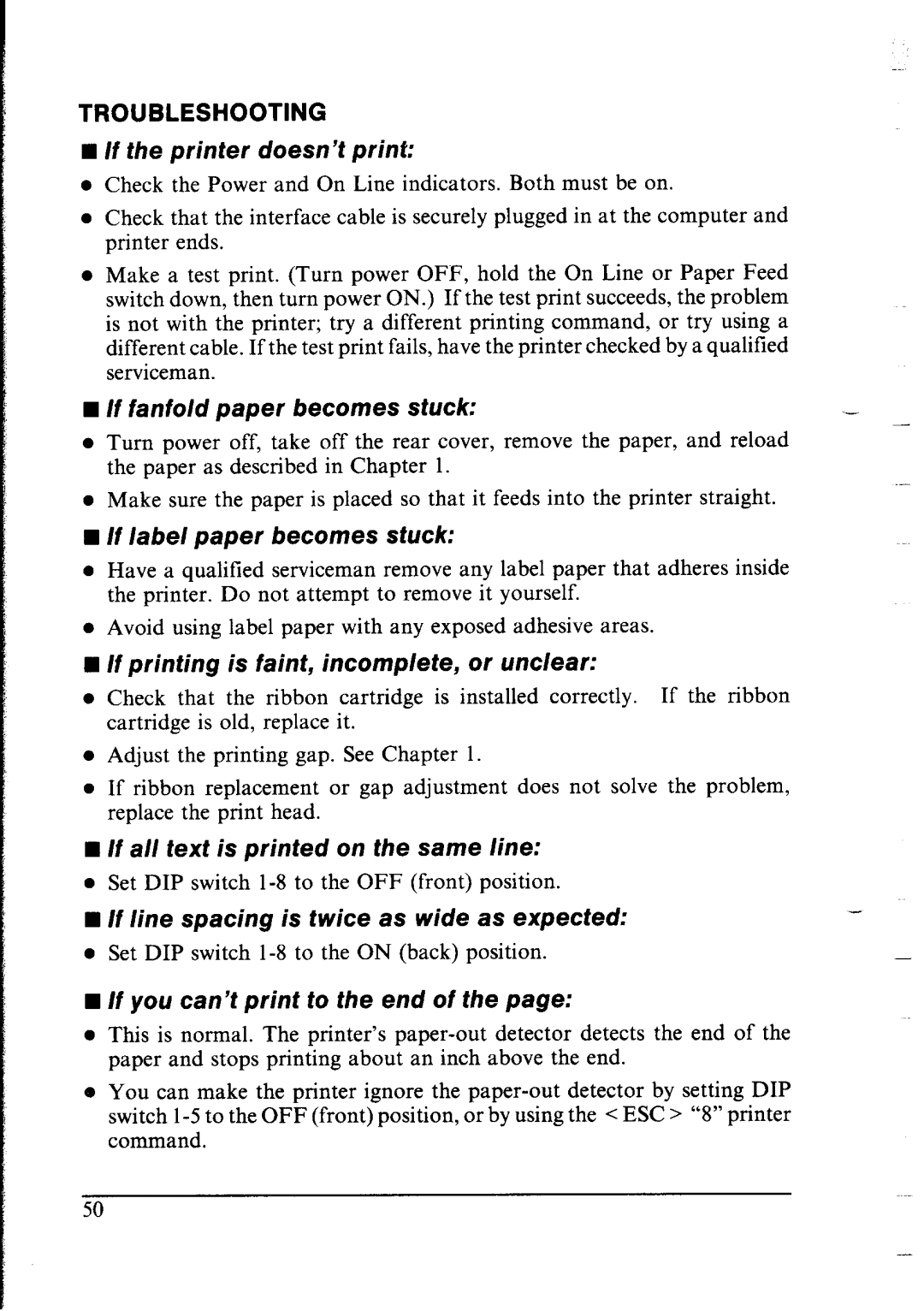 Star Micronics lC-10 user manual If the printer doesn’t print, If fanfold paper becomes stuck, If label paper becomes stuck 