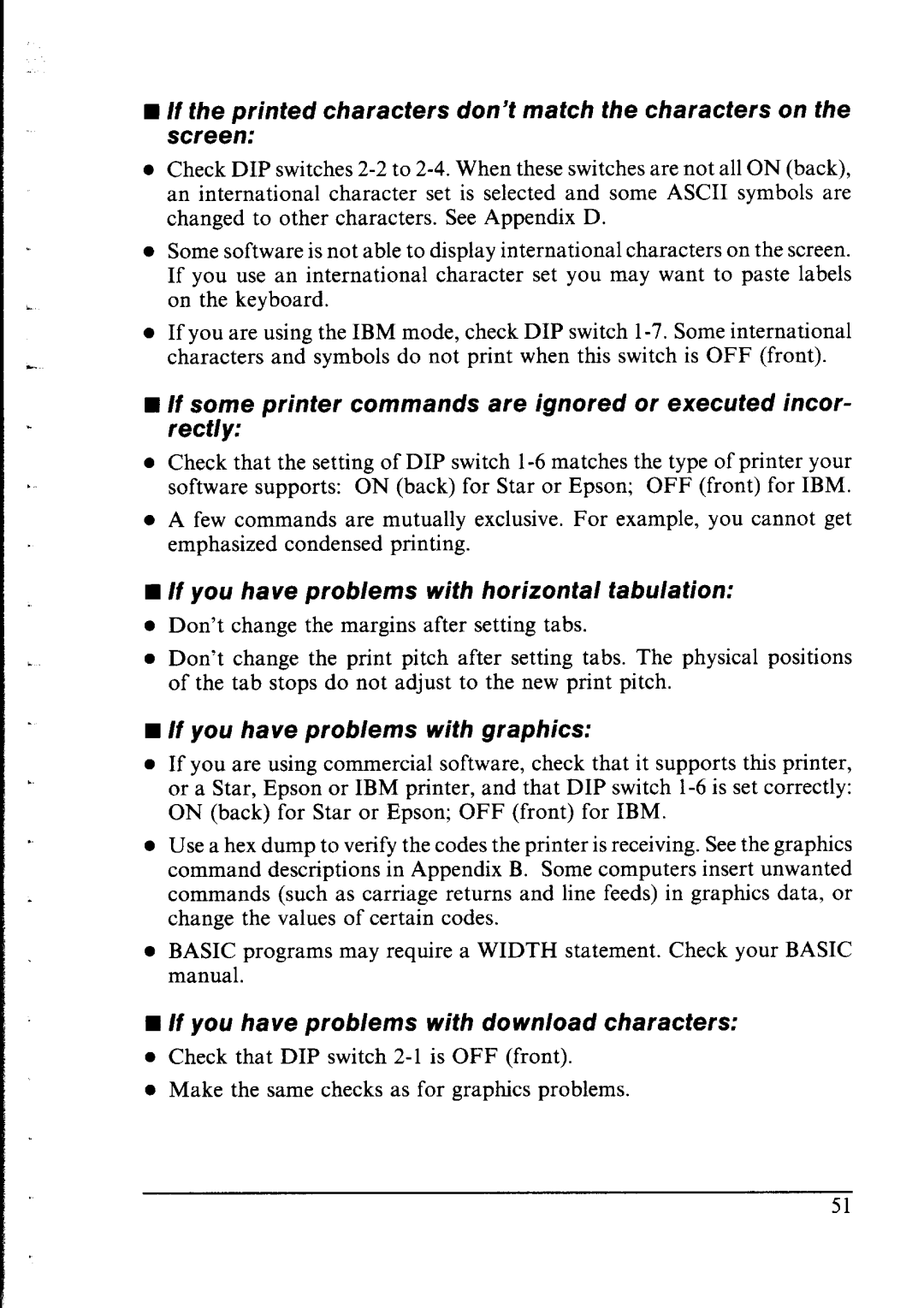 Star Micronics lC-10 user manual If you have problems with horizontal tabulation, If you have problems with graphics 