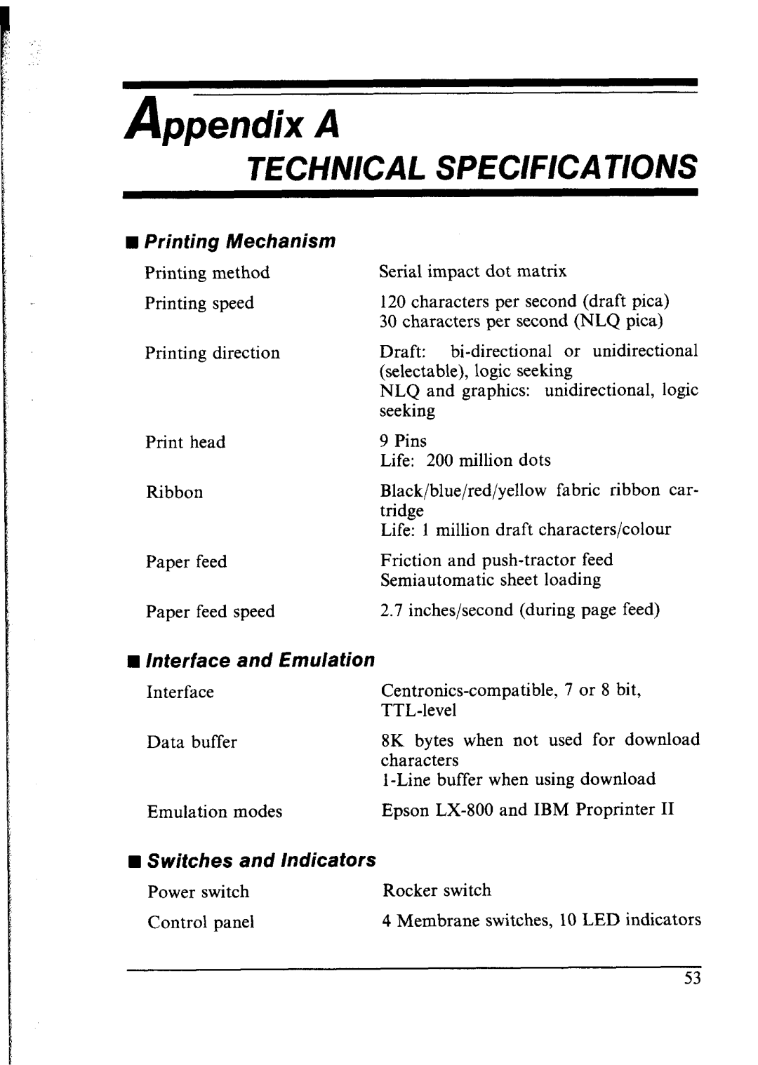 Star Micronics lC-10 user manual Printing Mechanism, Nterface and Emulation, Switches Indicators 