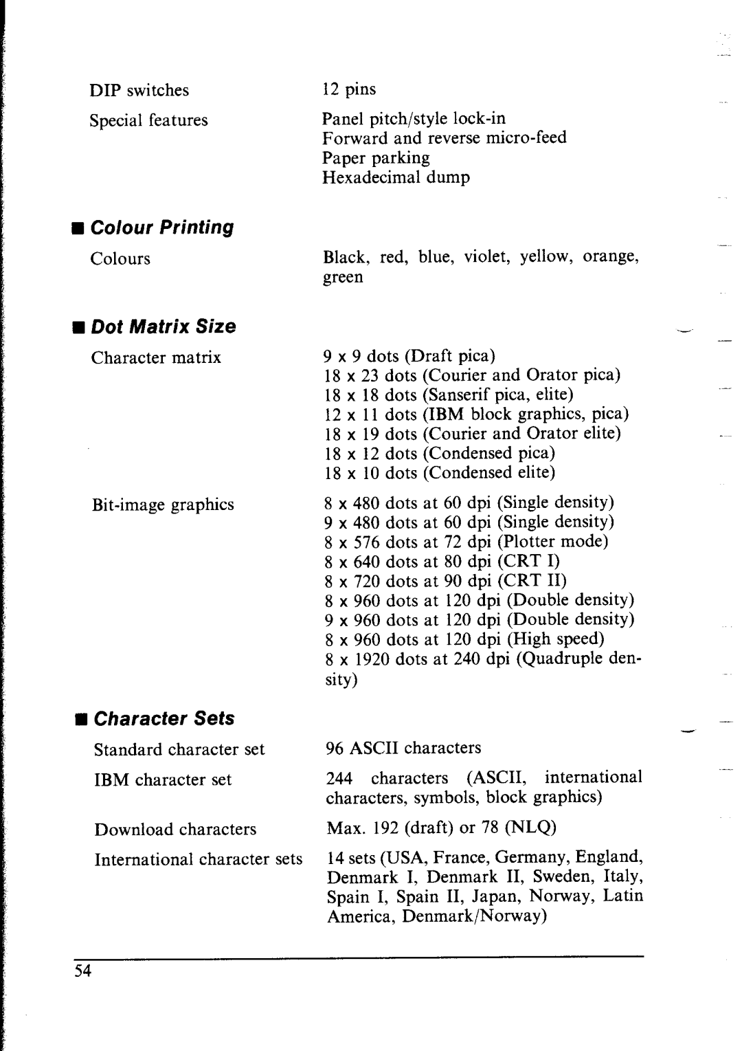 Star Micronics lC-10 user manual Co/our Printing, Dot Matrix Size, Character Sets 