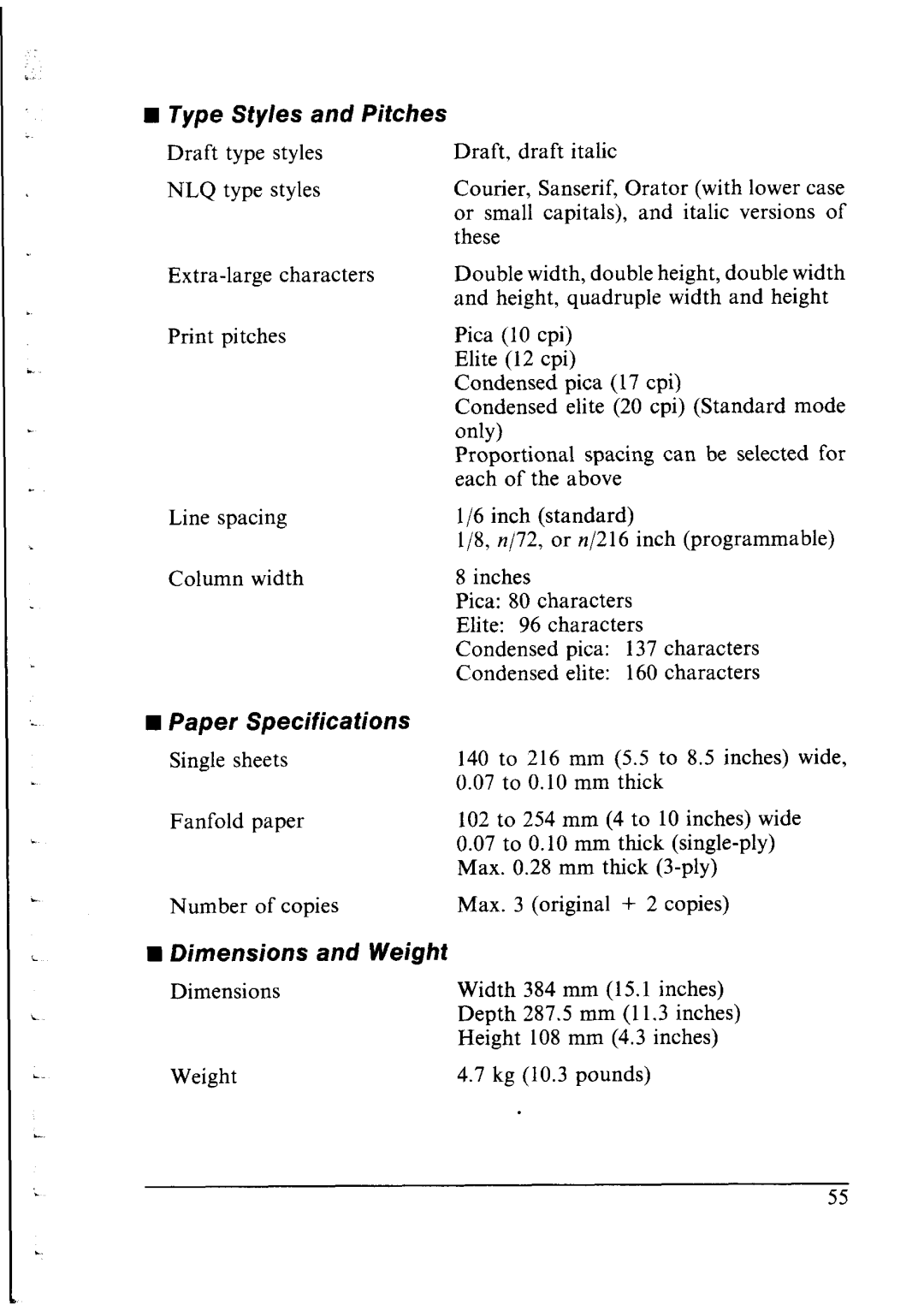 Star Micronics lC-10 user manual Type Styles and Pitches, Paper Specifications, Dimensions Weight 