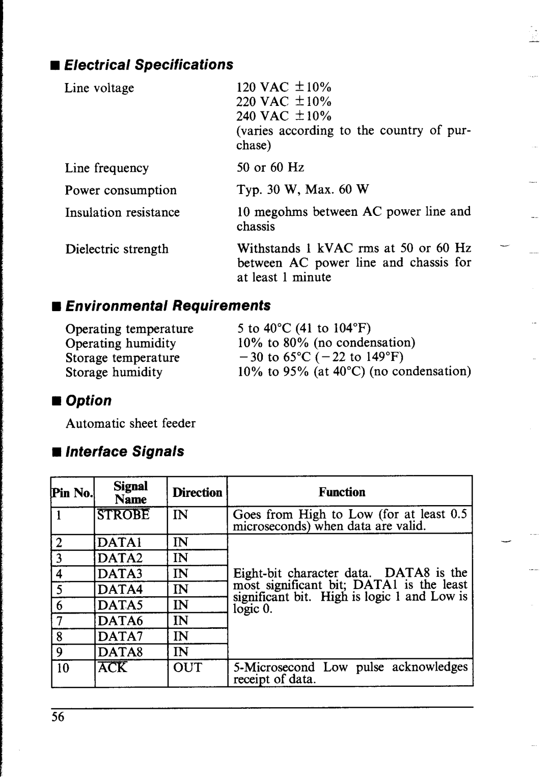 Star Micronics lC-10 user manual Electrical Specifications, Requirements, Option, Lnterface Signals 