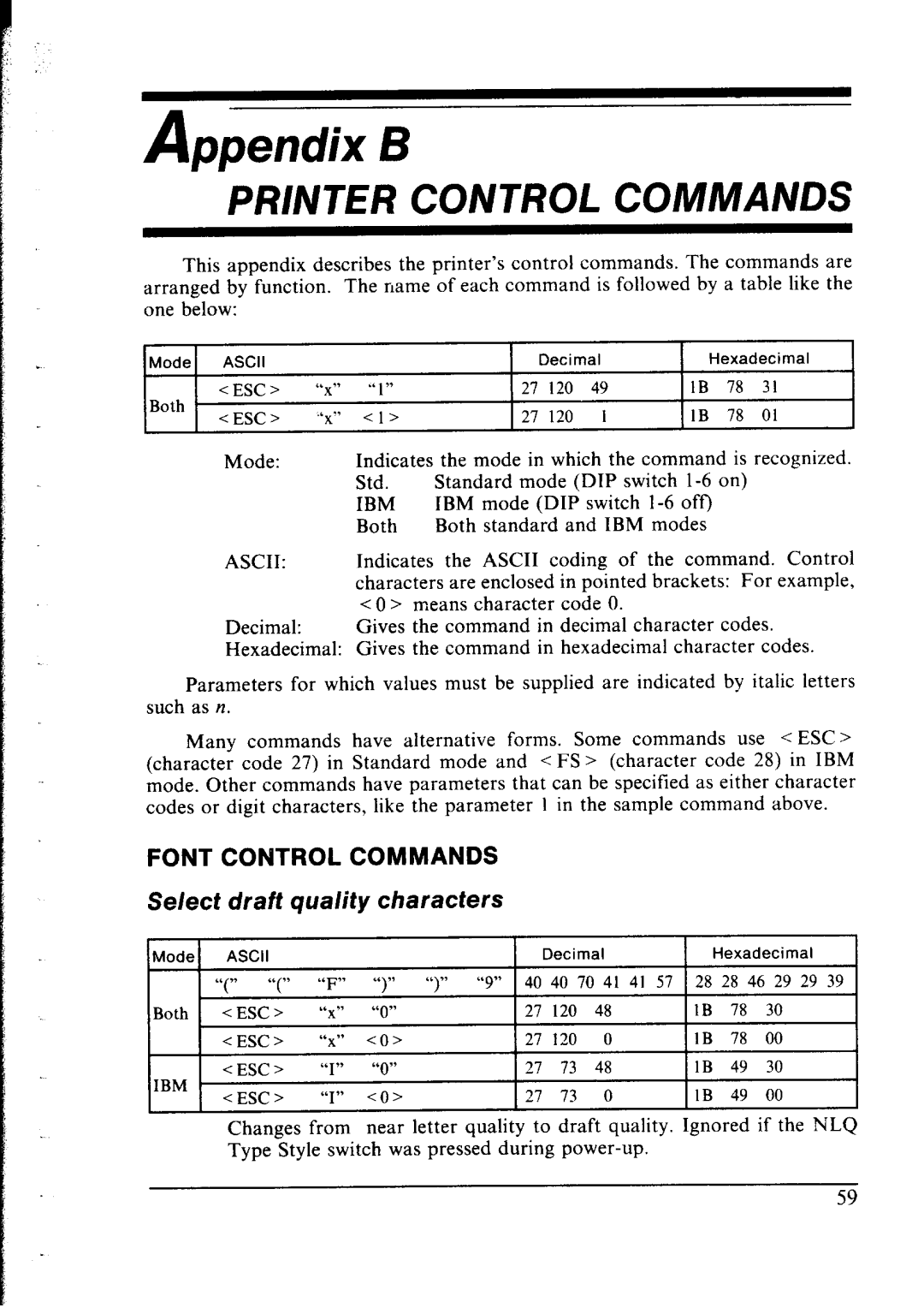 Star Micronics lC-10 user manual Font Control Commands, Select draft quality characters 