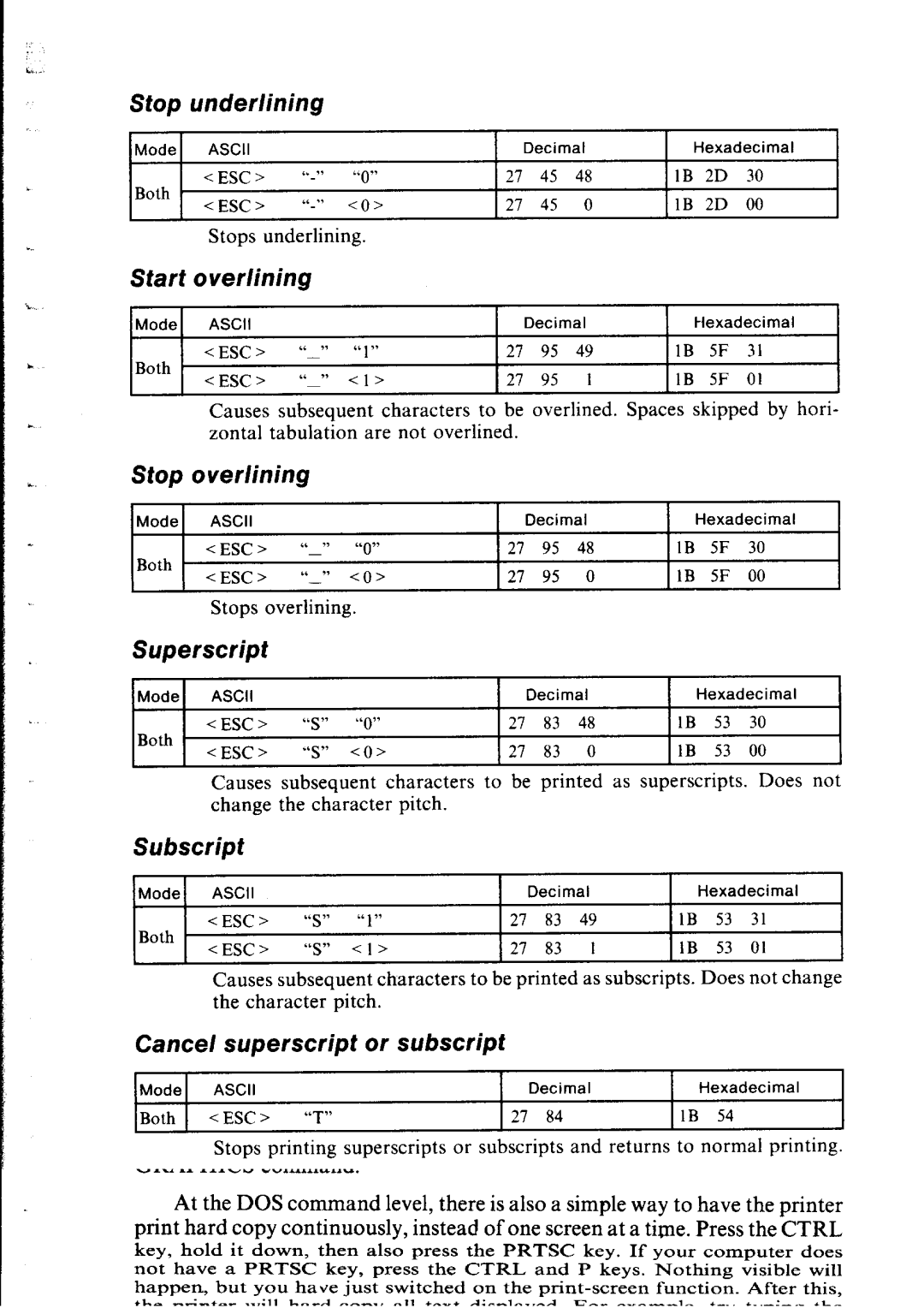 Star Micronics lC-10 user manual Start, Stop Overlining, Superscript, Subscript, Cancel superscript or subscript 