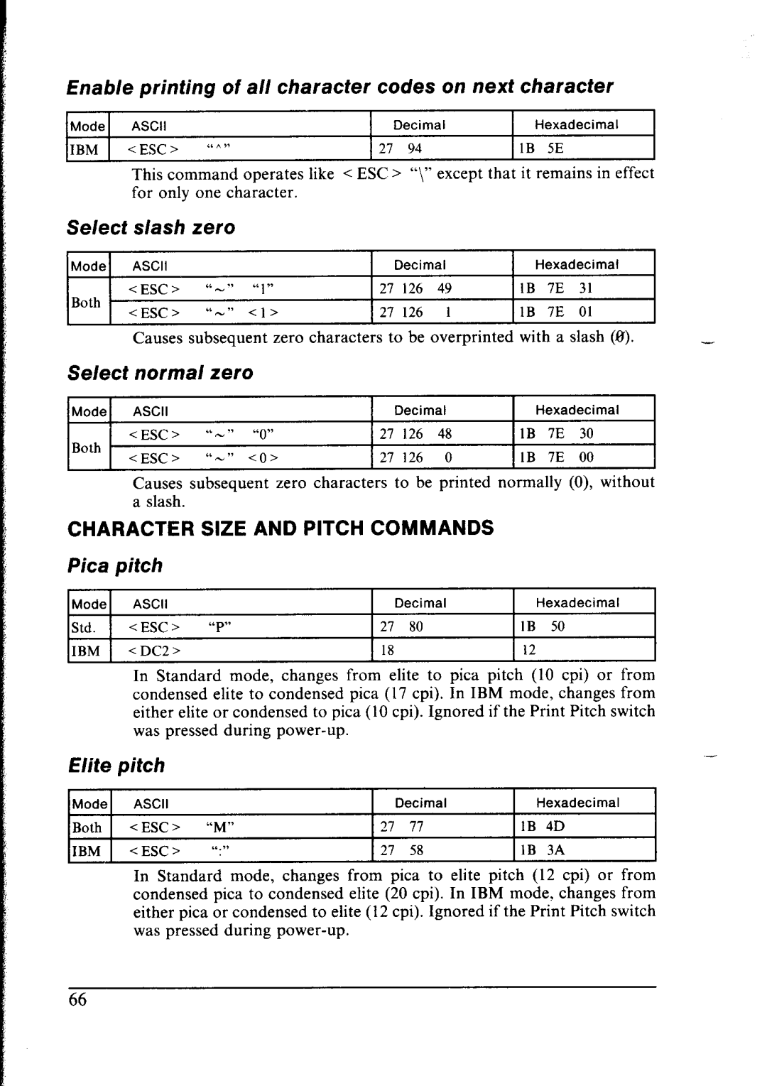 Star Micronics lC-10 user manual Character Size and Pitch Commands, Pica Pitch 