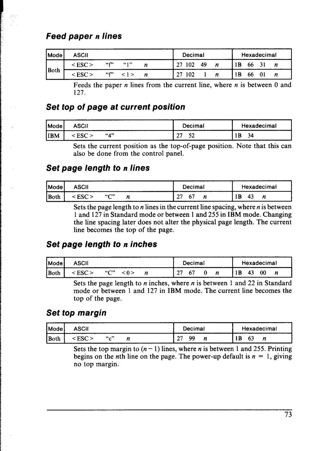 Star Micronics lC-10 Feed Paper, Set top of page at current position, Set page length to n lines, Set top margin 