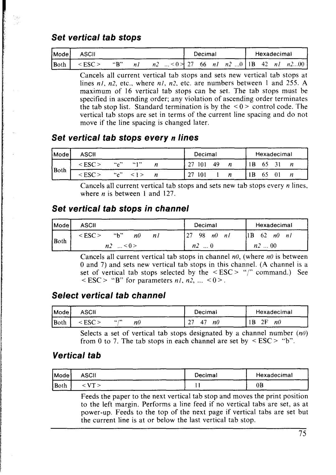 Star Micronics lC-10 user manual Tab stops, Set vertical tab stops every n lines, Select vertical tab channel 