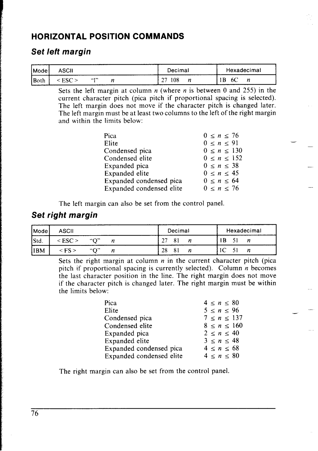 Star Micronics lC-10 user manual Horizontal Position Commands, Set Left margin 