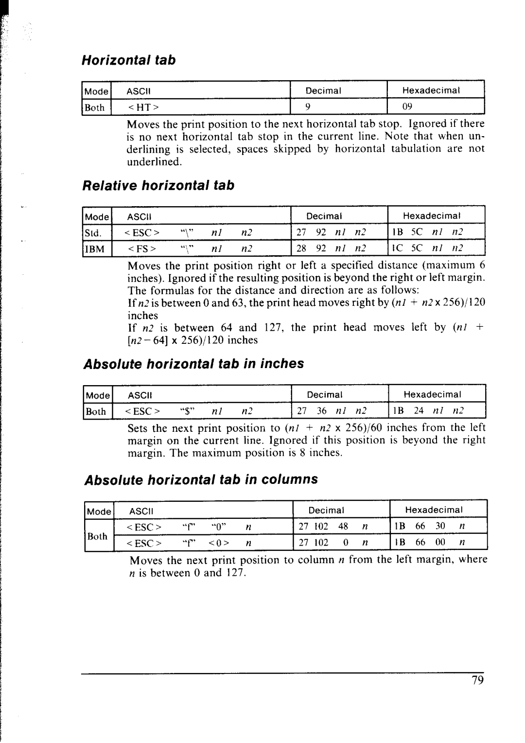 Star Micronics lC-10 user manual Horizontai Tab, Relative horizontal tab, Absolute horizontal tab in inches 