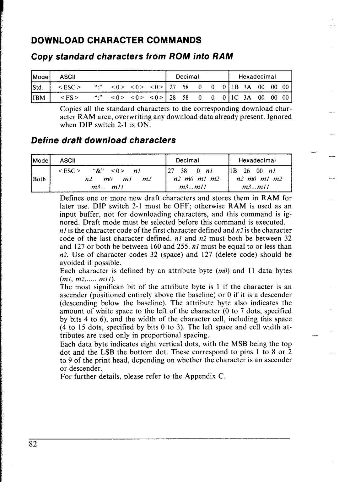 Star Micronics lC-10 user manual Copy Standard characters From ROM into RAM, Define draft download characters 