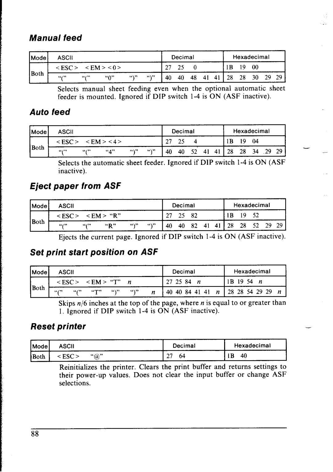 Star Micronics lC-10 user manual Feed, Auto feed, Asf, Set print start position on ASF, Reset printer 