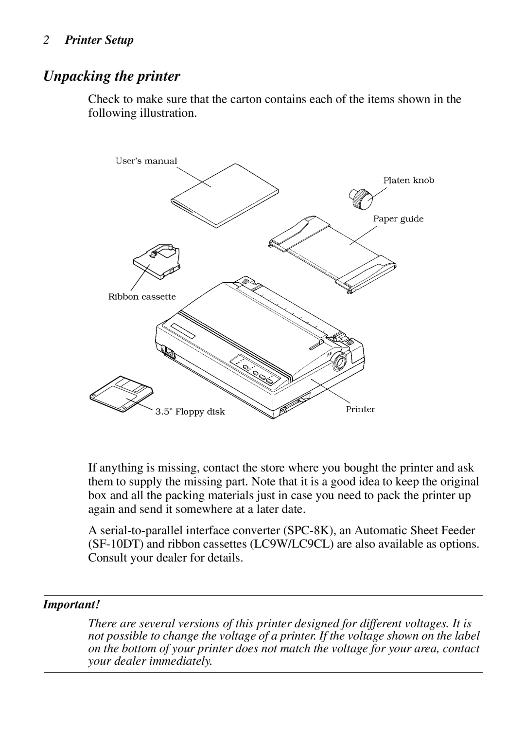 Star Micronics LC-1011C, LC-100+ user manual Unpacking the printer 