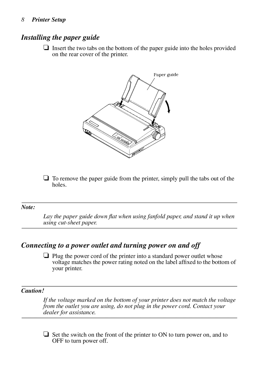 Star Micronics LC-1011C, LC-100+ Installing the paper guide, Connecting to a power outlet and turning power on and off 