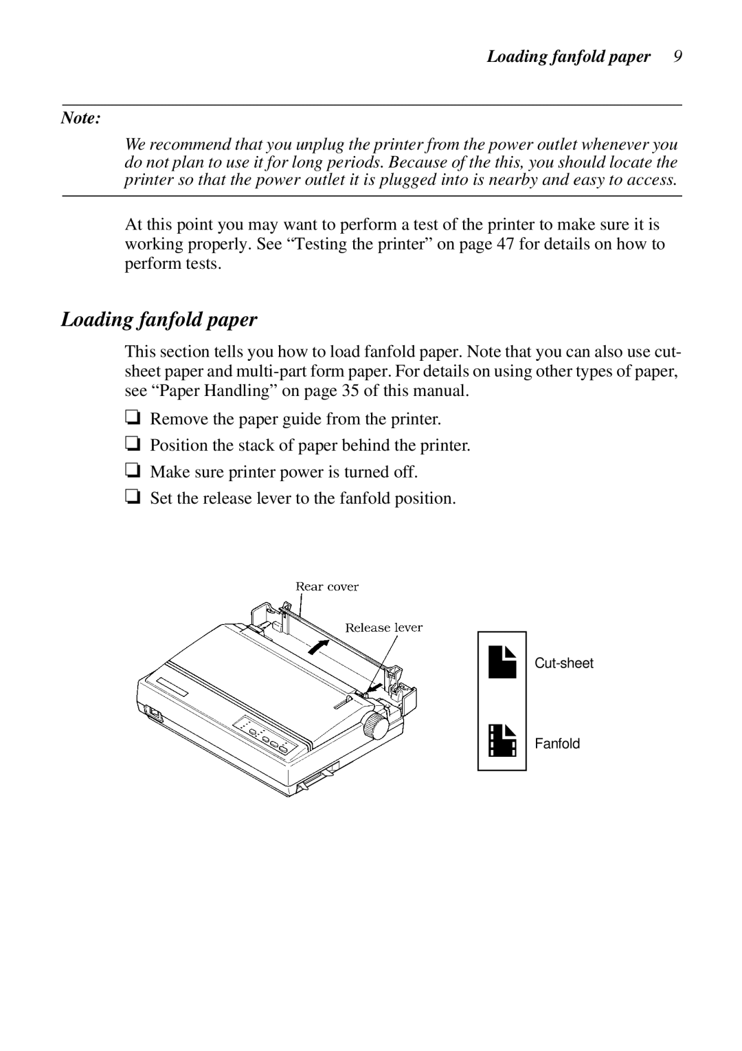 Star Micronics LC-100+, LC-1011C user manual Loading fanfold paper 