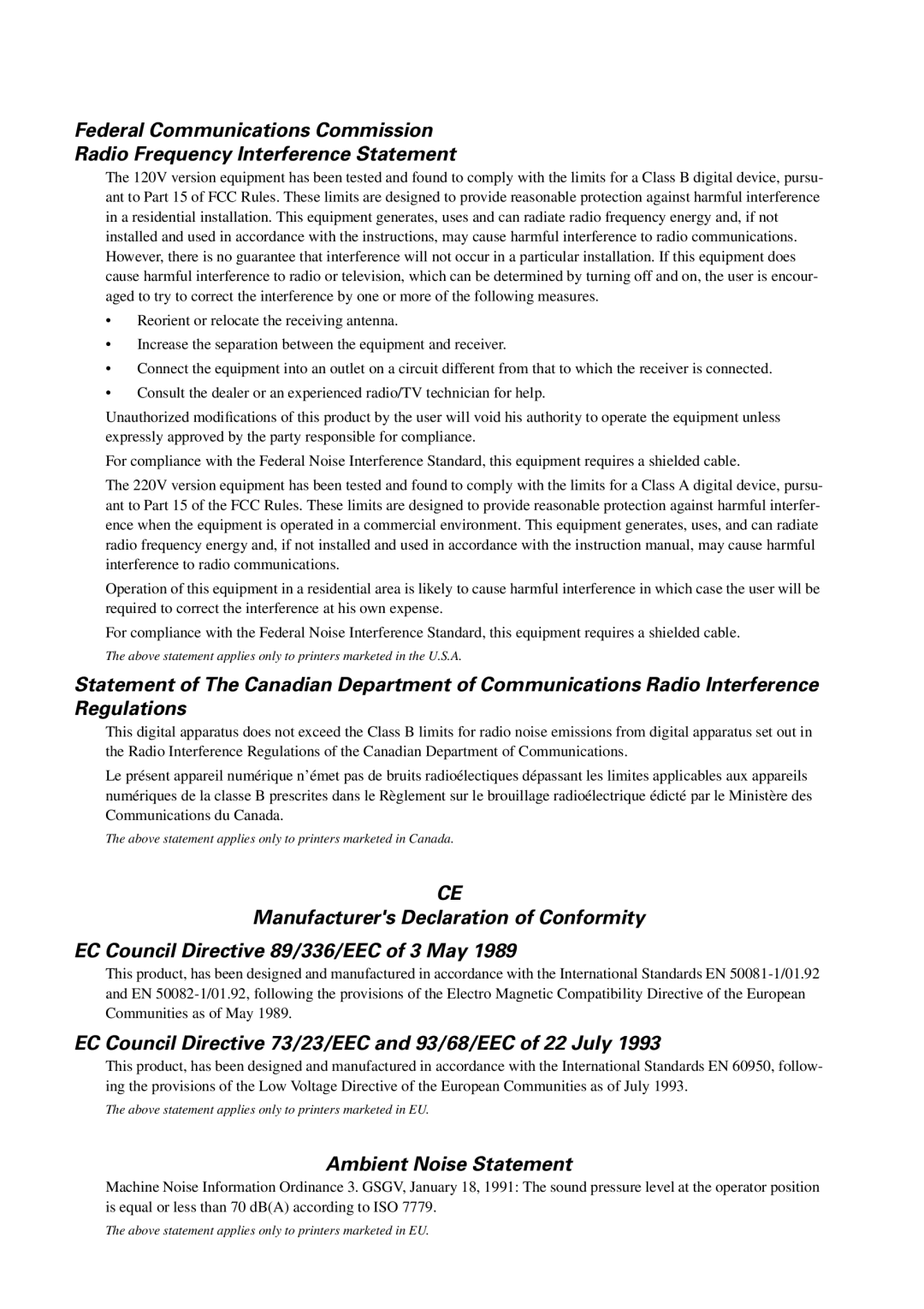 Star Micronics LC-1011C, LC-100+ user manual EC Council Directive 73/23/EEC and 93/68/EEC of 22 July 