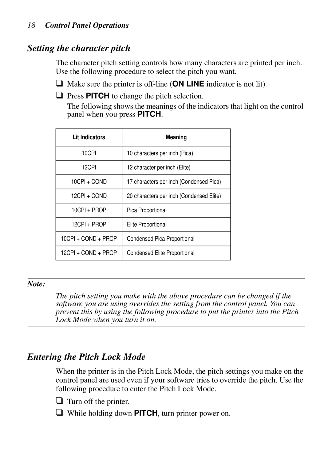 Star Micronics LC-1011C, LC-100+ Setting the character pitch, Entering the Pitch Lock Mode, Lit Indicators Meaning 