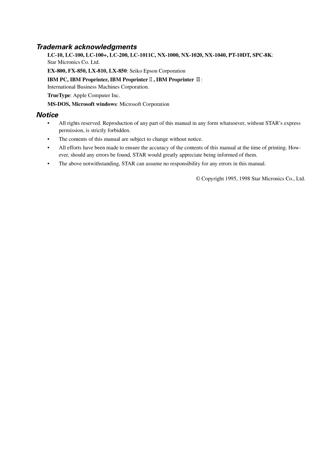 Star Micronics LC-100+, LC-1011C user manual Trademark acknowledgments 