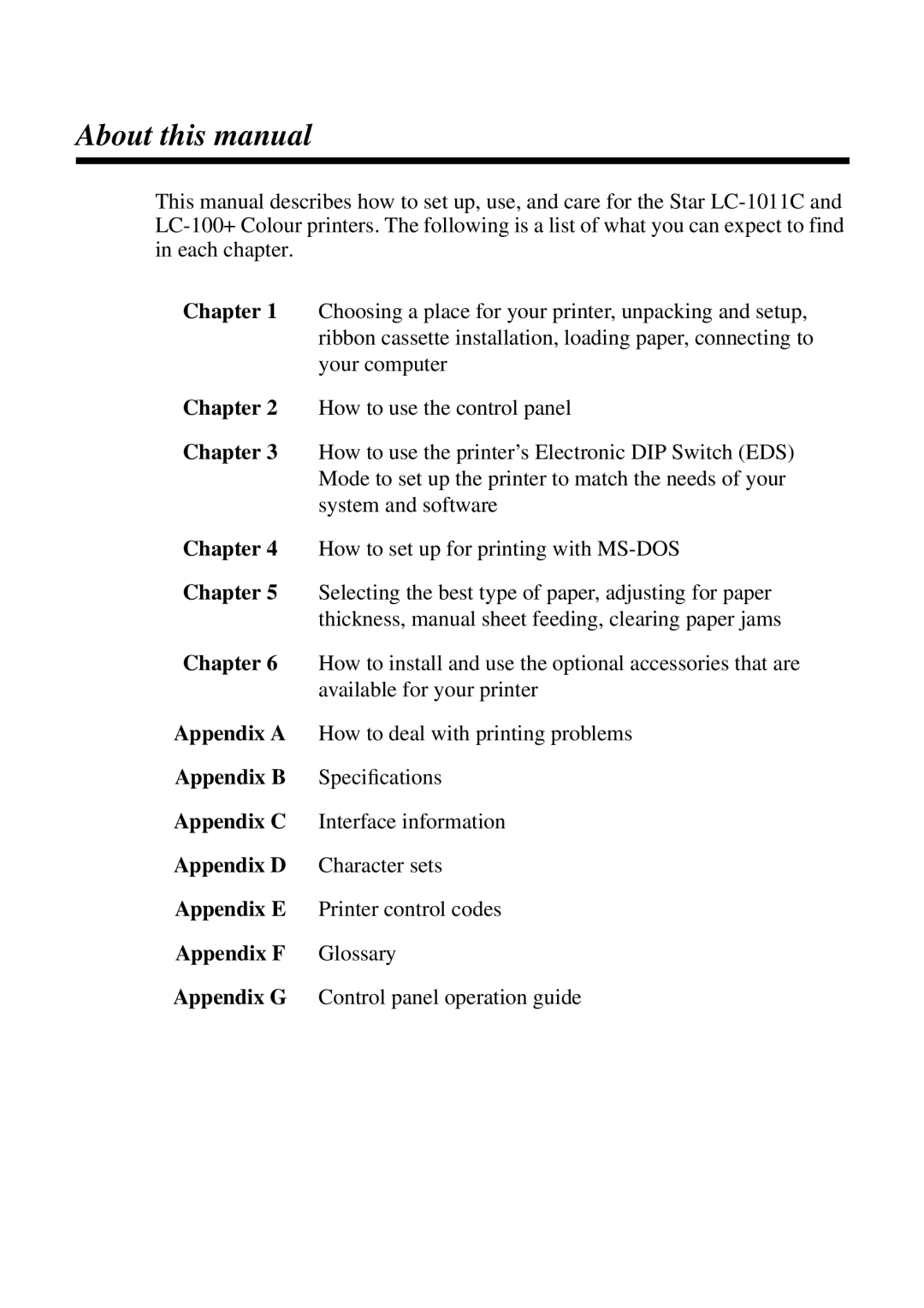 Star Micronics LC-1011C, LC-100+ user manual About this manual, Chapter 