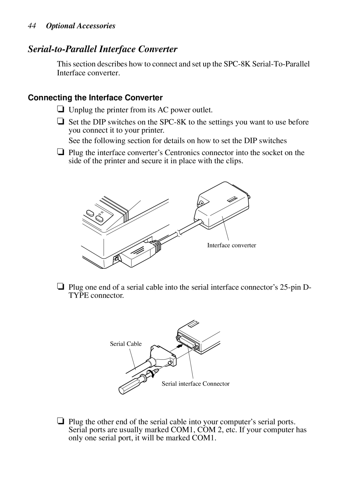 Star Micronics LC-1011C, LC-100+ user manual Serial-to-Parallel Interface Converter, Connecting the Interface Converter 