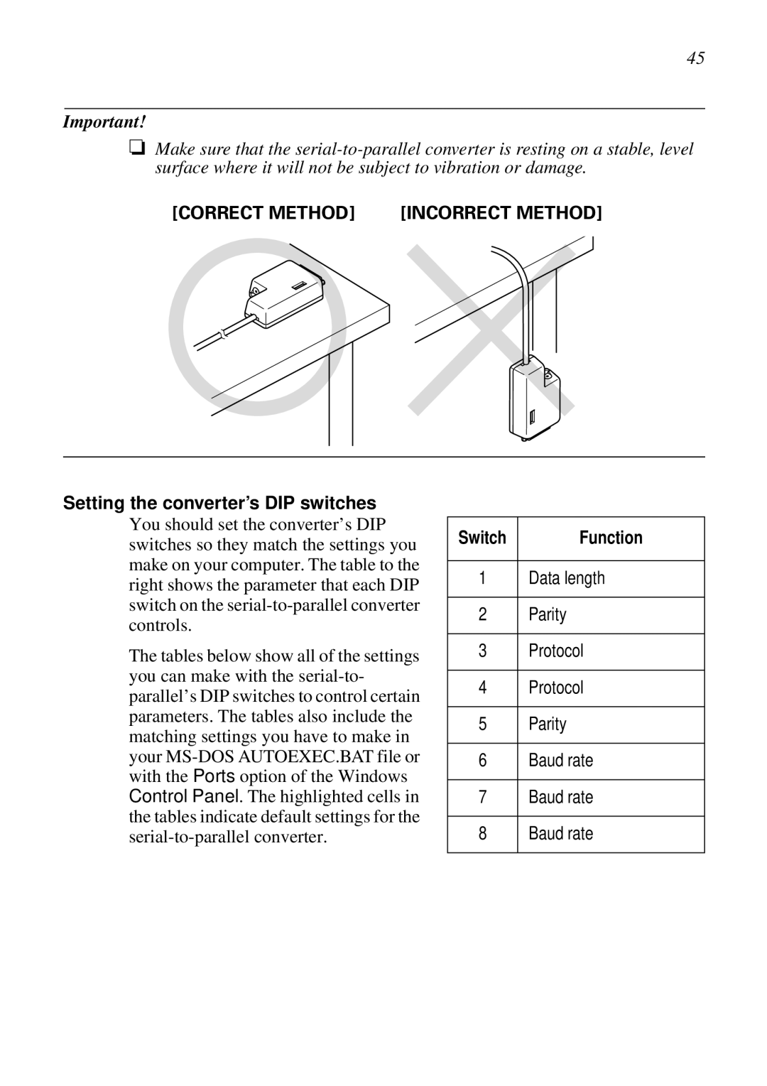 Star Micronics LC-100+, LC-1011C user manual Setting the converter’s DIP switches, Function 