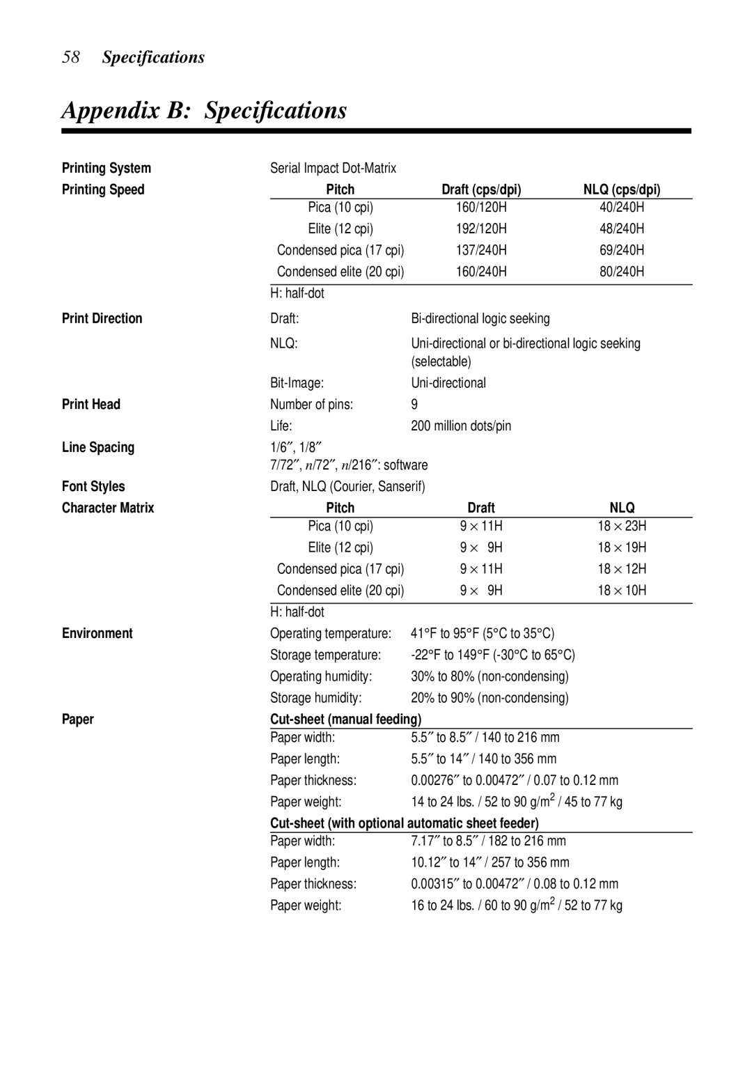 Star Micronics LC-1011C, LC-100+ user manual Appendix B Speciﬁcations 