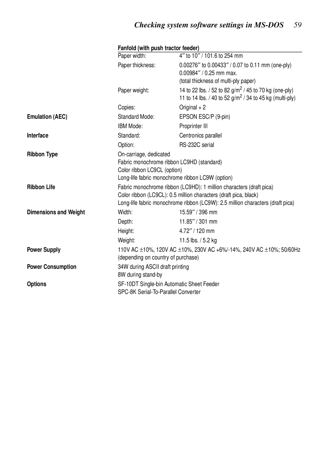 Star Micronics LC-100+ Fanfold with push tractor feeder, Emulation AEC, Interface, Ribbon Life, Dimensions and Weight 