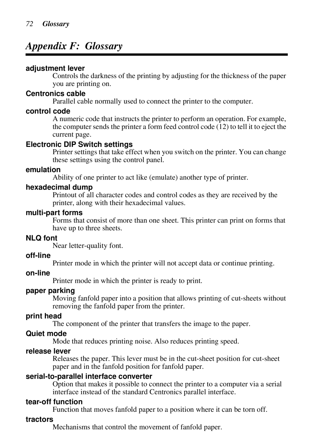 Star Micronics LC-1011C, LC-100+ user manual Appendix F Glossary 